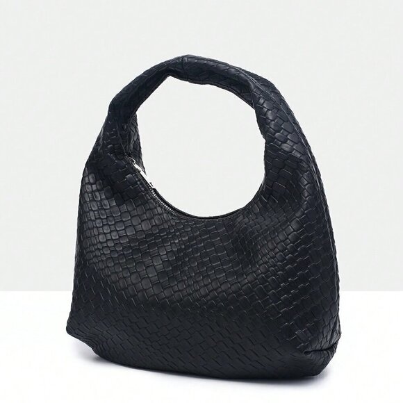 Black Casual Women's Leisure Faux Woven Leather Shoulder Bag - Picture 3 of 6